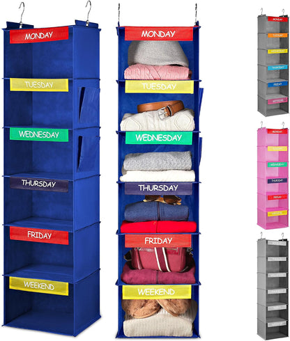 Handy Laundry Weekly Clothes Organizer for Kids, 6-Shelf Bamboo Reinforced | Days of the Week Hanging Closet Shelves, Monday Through Friday and Weekend, School Outfit Storage, Side Pockets, Pink