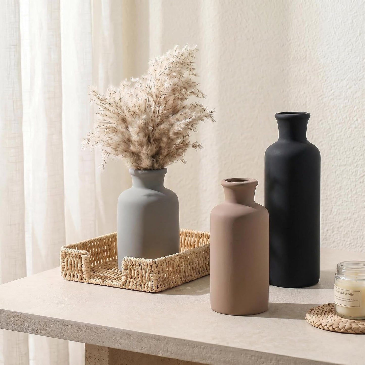 Ceramic Vase Set of 3, Modern Minimalist Neutral Home Decor, Boho Rustic Farmhouse Decorative Vases for Pampas Grass Dried Flowers | Table Centerpiece Entryway Mantel Bookshelf(Black Mix Set - Gray#1)
