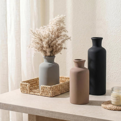 Ceramic Vase Set of 3, Modern Minimalist Neutral Home Decor, Boho Rustic Farmhouse Decorative Vases for Pampas Grass Dried Flowers | Table Centerpiece Entryway Mantel Bookshelf(Black Mix Set - Gray#1)