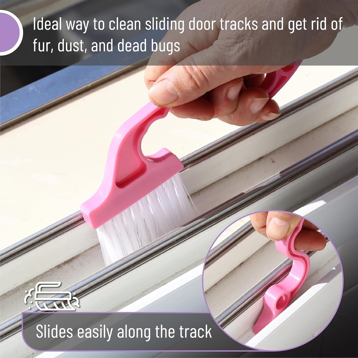 Slick- Window Track Cleaning Brush, 2 Pack, Blue Ergonomic Handle | Built-in Scraper, Multipurpose Window Track Cleaning Tool for Sliding Doors, Windows, Corners, Dust, Dirt & Narrow Gaps