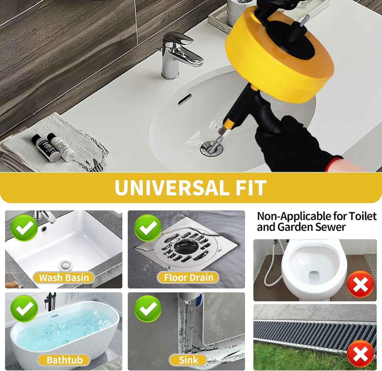 Drain Snake 50 Ft, Plumbing Snake for Sink with Drill Attachment, Snake Drain Clog Remover for Shower Drain and Sink, Manual or Powered Use, Comes with Gloves and Storage Bag, 1/4 Inch, Yellow