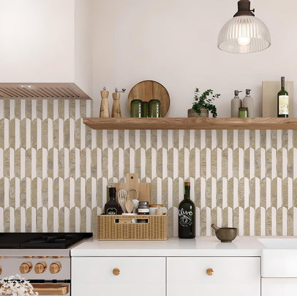 Vamos Peel and Stick Backsplash Seamless Tile for Kitchen and Bathroom,White and Beige Slate PVC Mixed Light Gold Self Adhesive Fish Scale Metal Mosaic Tiles (10 Sheets)