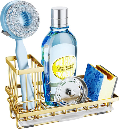 SWTYMIKI Sink Caddy Sponge Holder - Kitchen Sink Organizer with High Brush Holder for Countertop to Hold Dish Soaps and Sponges, Stainless Steel, Black