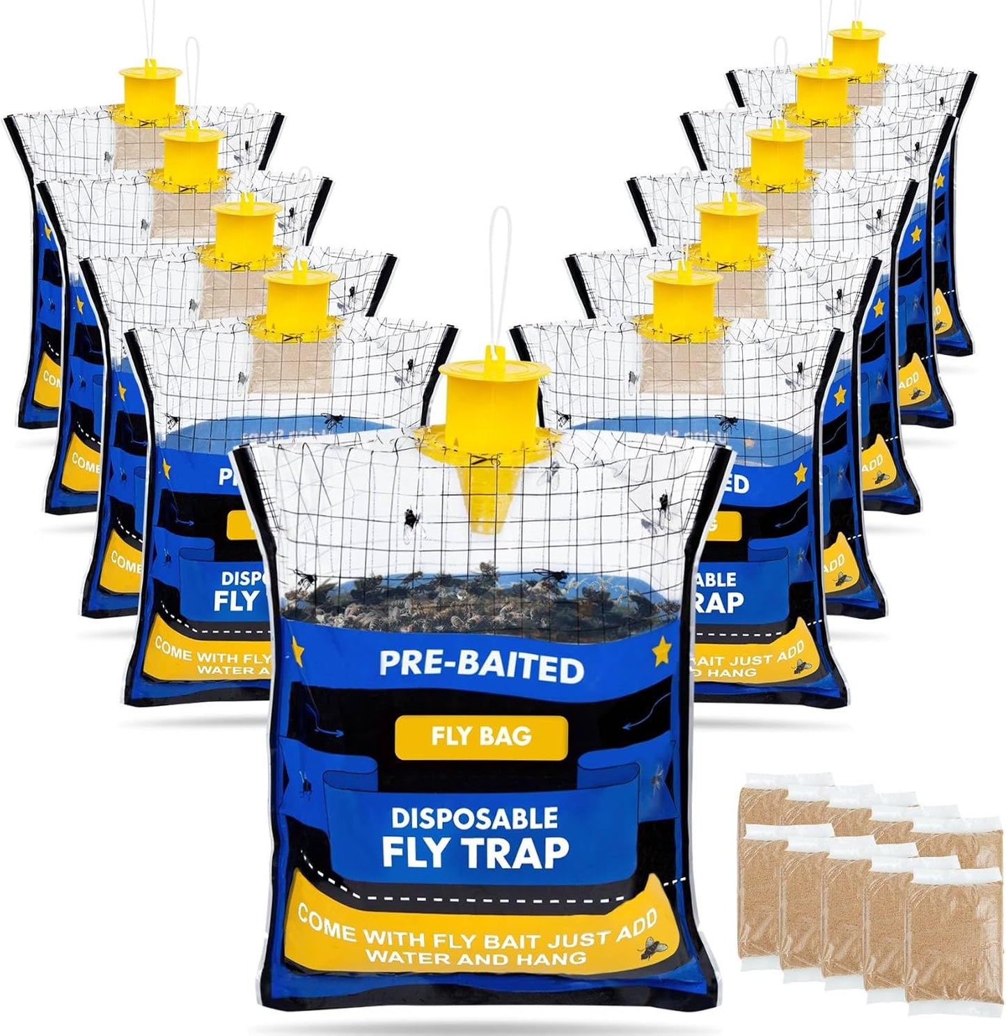 Big Disposable Hanging Fly Trap Bag 4 Pack for Chicken Coop Barn Ranch Farm | 50g Dissolvable Bait Fly Hunter for Flying Insects, Large Clear Capacity, No Messy Cleanup, Weatherproof Outdoor-only Use