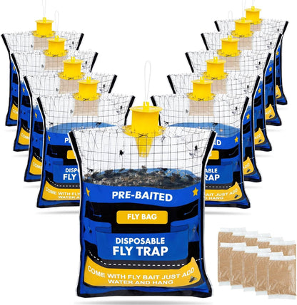 Big Disposable Hanging Fly Trap Bag 4 Pack for Chicken Coop Barn Ranch Farm | 50g Dissolvable Bait Fly Hunter for Flying Insects, Large Clear Capacity, No Messy Cleanup, Weatherproof Outdoor-only Use