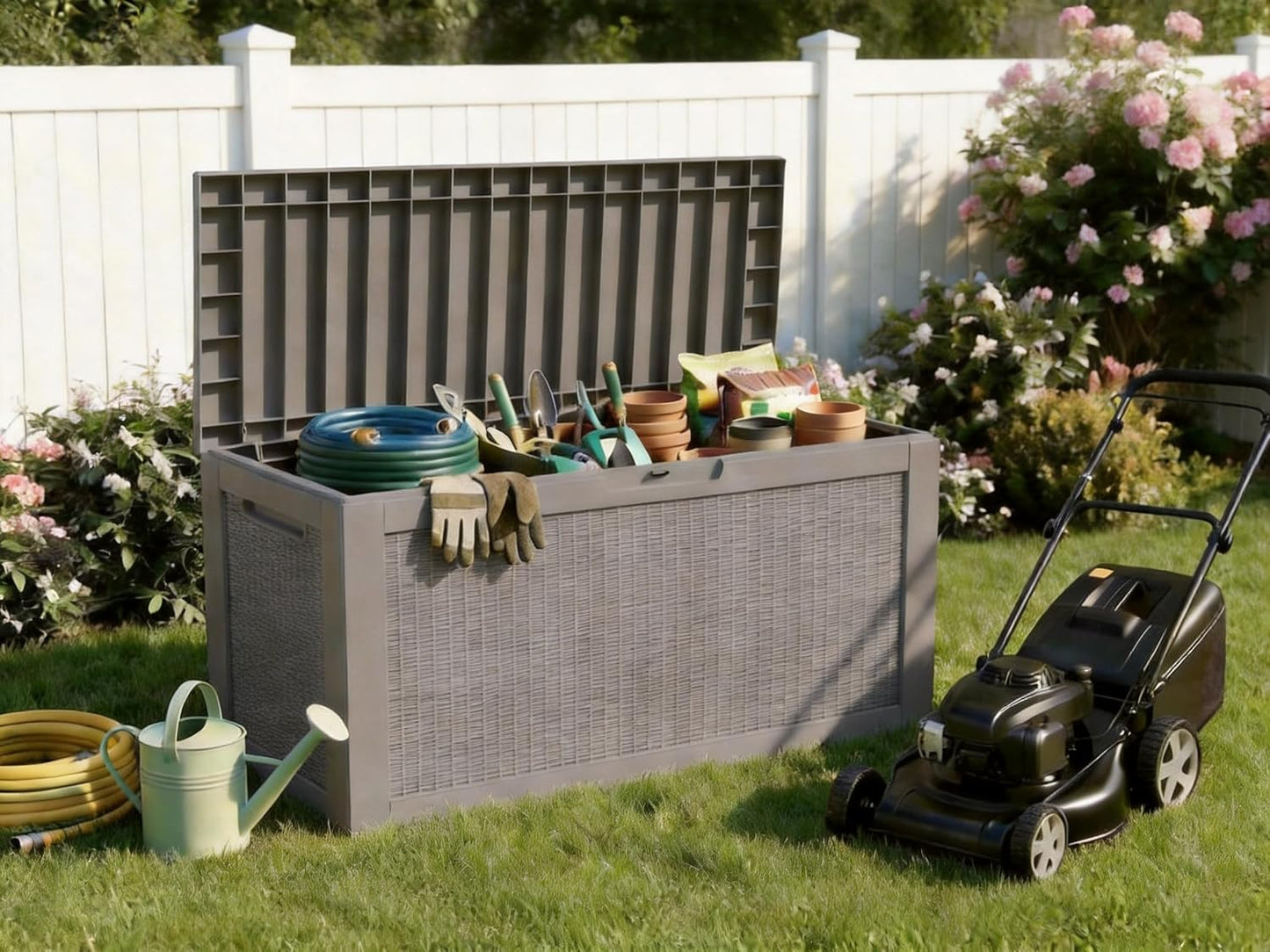 LAUSAINT HOME 320 Gallon Resin Deck Box, Package Delivery Box with Lockable Lid, Waterproof Outdoor Storage Box For Garden Tools, Patio Cushions(320 Gallon,Black)