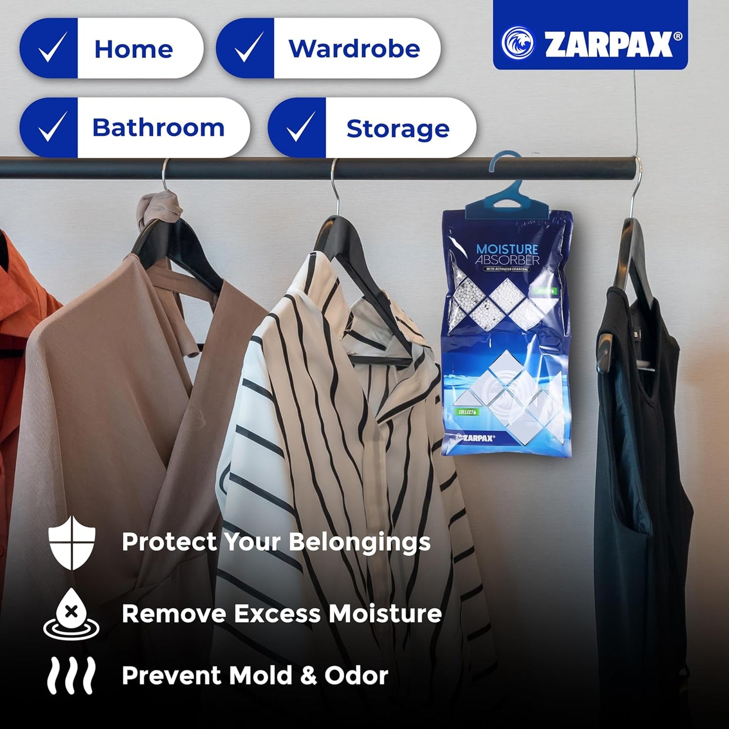 ZARPAX Hanging Moisture Absorber Fresh Cotton 10.6 oz/300g | Moisture Absorbing Bags for Bathroom, Closet, Kitchen & Vehicles | Removes Moisture, Humidity & Odors | Portable Dehumidifier | Set Of 10