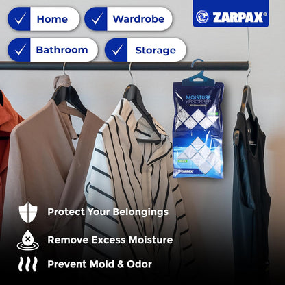 ZARPAX Hanging Moisture Absorber Fresh Cotton 10.6 oz/300g | Moisture Absorbing Bags for Bathroom, Closet, Kitchen & Vehicles | Removes Moisture, Humidity & Odors | Portable Dehumidifier | Set Of 10