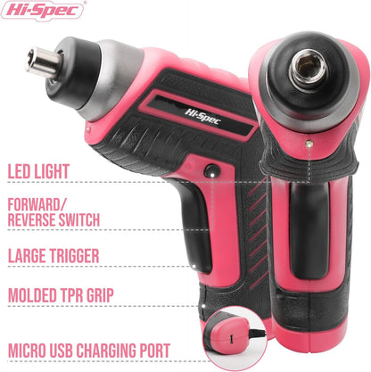 Hi-Spec Tool Kit with 3.6V USB Small Electric Screwdriver Set, Pink Drill Set for Women, Tool Kit for Home