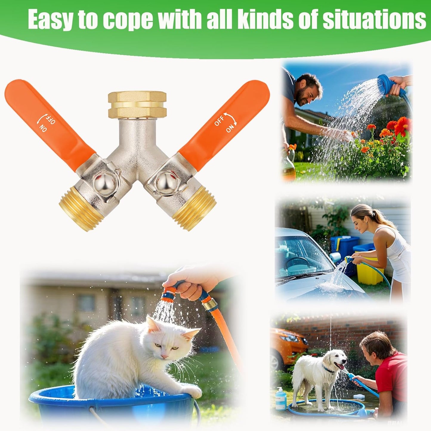 EJW Hose Splitter 2 Way, Garden Hose Splitters, 2 Way Faucet Splitter, Water Spigot Splitter, RV Brass Hose Splitter, Two way Hose Bib Splitter, Double Hose Connector, Hose Valve 3/4 Inch GHT Thread.