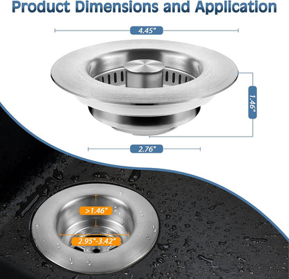 Sink Drain Strainer 3 in 1, 304 Stainless Steel Pop Up Kitchen Sink Stopper with Anti-Clogging Basket, Kitchen Essential Drain Anti-Clog Gadgets, Fits US Standard 3-1/2'' Sink Drain (SUS 304 Brushed)