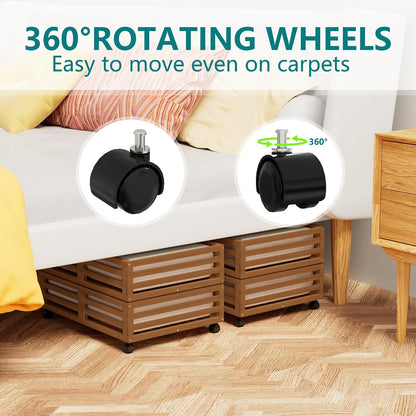 Bamboo Under Bed Storage Containers- Underbed Organizer with Wheels with Large Capacity Dust Bag,Sturdy Wood Rolling Under Bed Shoe Storage Organizer 2 Packs (Nature, 2 Packs (23.62"×16.54"))