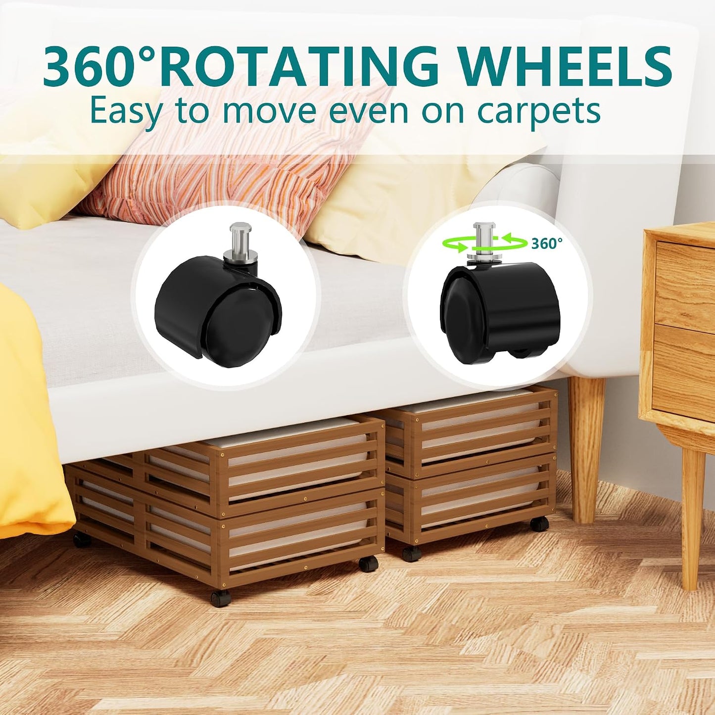 Wisuce 2 Packs Bamboo Under Bed Storage Organizer with Wheels White Small | 360° Lockable Wheels,120lbs Load Capacity, Multi-scene ,Dustproof Clear Storage Bag, Large Capacity,Easy Quick Assembly