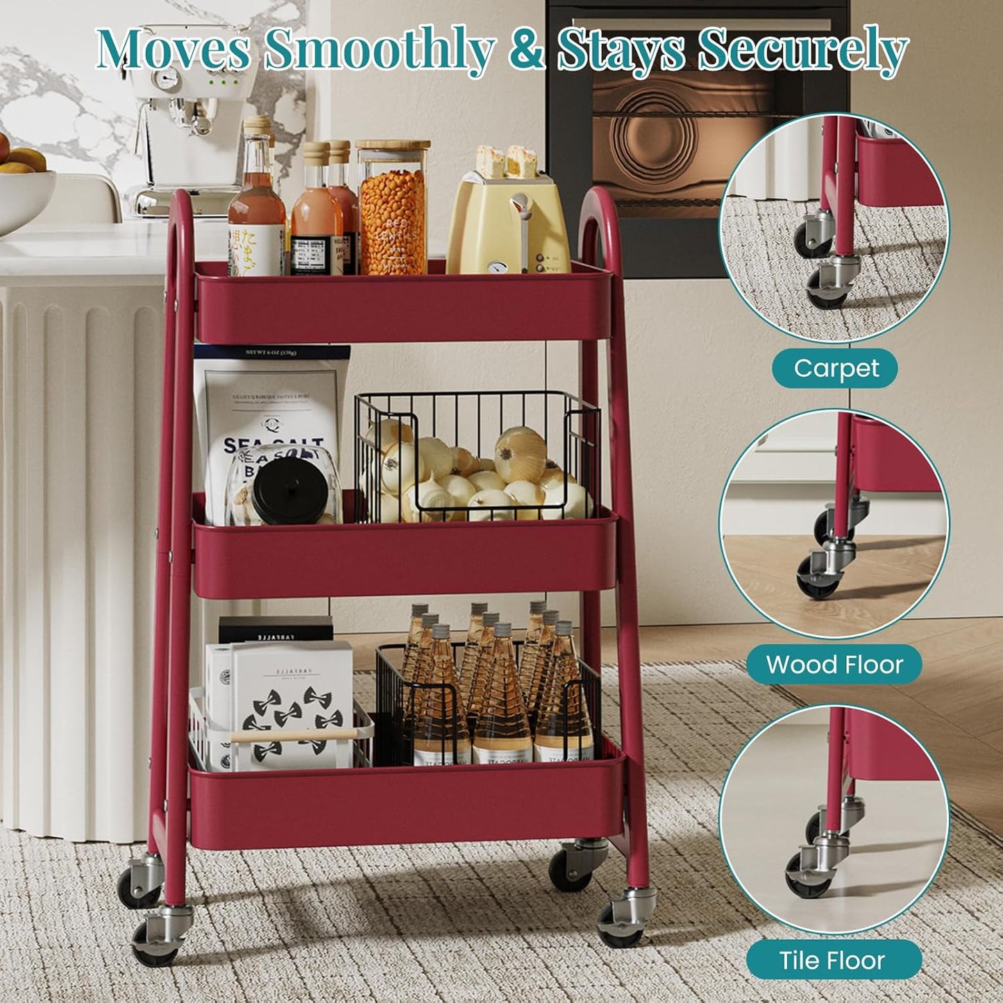 OLIXIS Metal 4 Tiers Utility Rolling Cart, Mobile Storage Shelf with Lockable Caster Wheels, Organization for Livingroom, Bathroom, Kitchen, & Narrow Places, 4-Tier Green