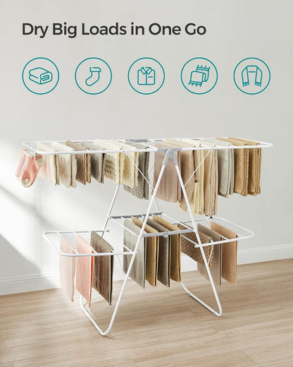 SONGMICS Clothes Drying Rack, with Sock Clips, Metal Laundry Rack, Foldable, Space-Saving, Free-Standing Airer, with 2 Height-Adjustable Gullwings, Indoor Outdoor Use, Gray ULLR052G01