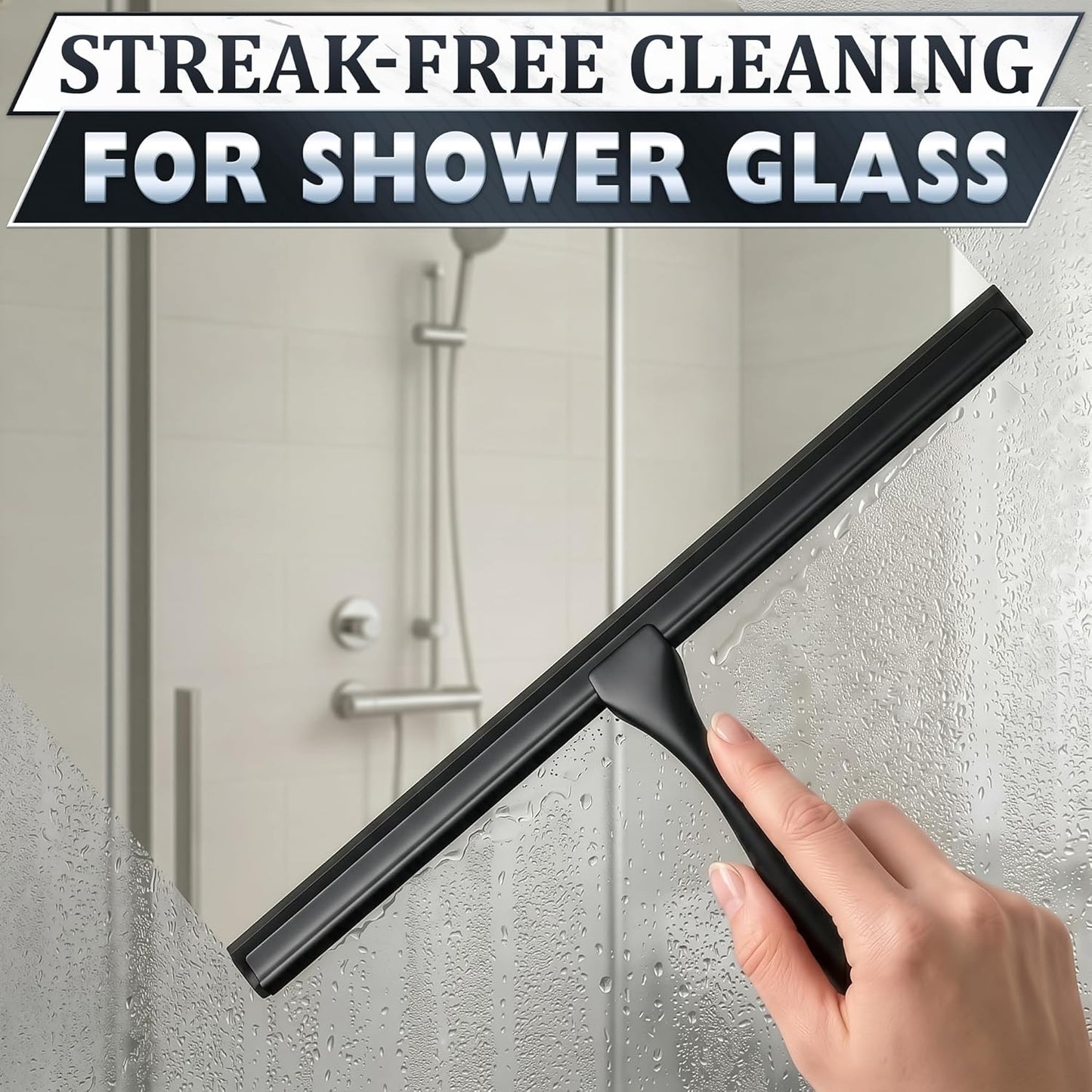 Shower Door Squeegee with Adhesive & Hanging Hooks, 12" Silicone Blade - Stainless Steel All-Purpose Squeegee for Shower Glass, Bathroom Mirror Cleaner Tool Suitable for Tile Walls - Multi-Surface Use