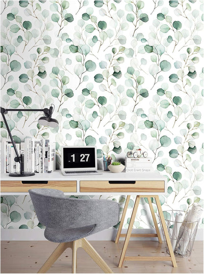 HAOKHOME Peel and Stick Wallpaper Boho Green/White Botanical Leaf Floral Wall Mural Home Nursery Decor Renter Friendly Wallpaper 17.3in x 9.8ft