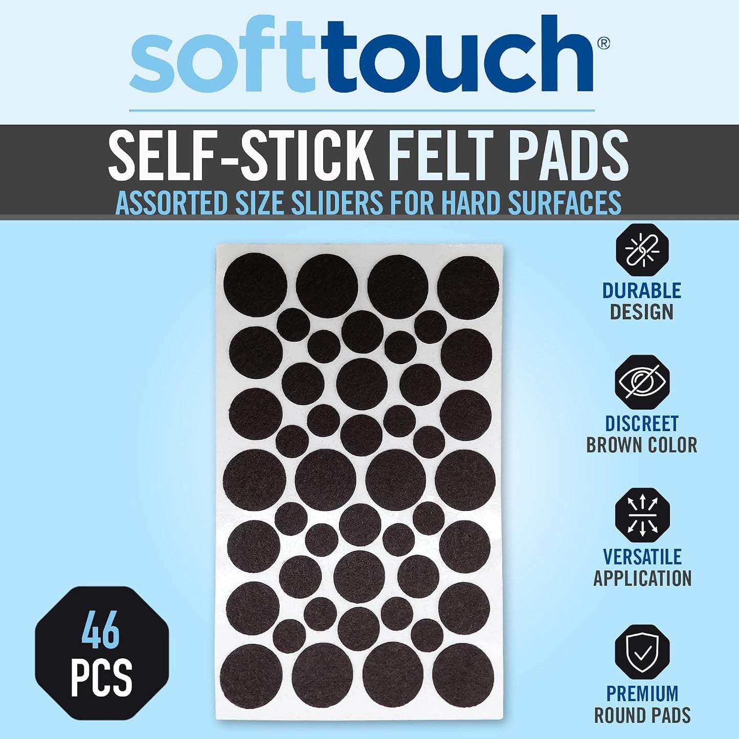 SoftTouch 1.5" Round Reusable Felt Furniture Sliders for Hard Surfaces, Noise-Reducing Adhesive Moving and Protective Pads for Cabinets, Chairs, Tables & Decorative Items Set of 48, Brown