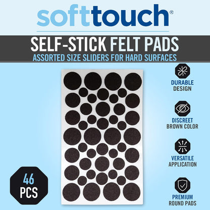 SoftTouch 1.5" Round Reusable Felt Furniture Sliders for Hard Surfaces, Noise-Reducing Adhesive Moving and Protective Pads for Cabinets, Chairs, Tables & Decorative Items Set of 48, Brown