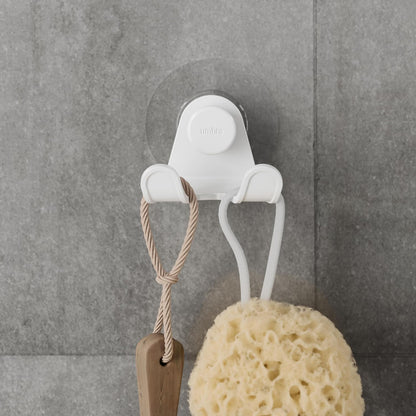 Umbra Flex Adhesive Double-Hook for Bathroom Shower Tub, Holds Towels, Washcloths, Loofahs, Razor, and More, White