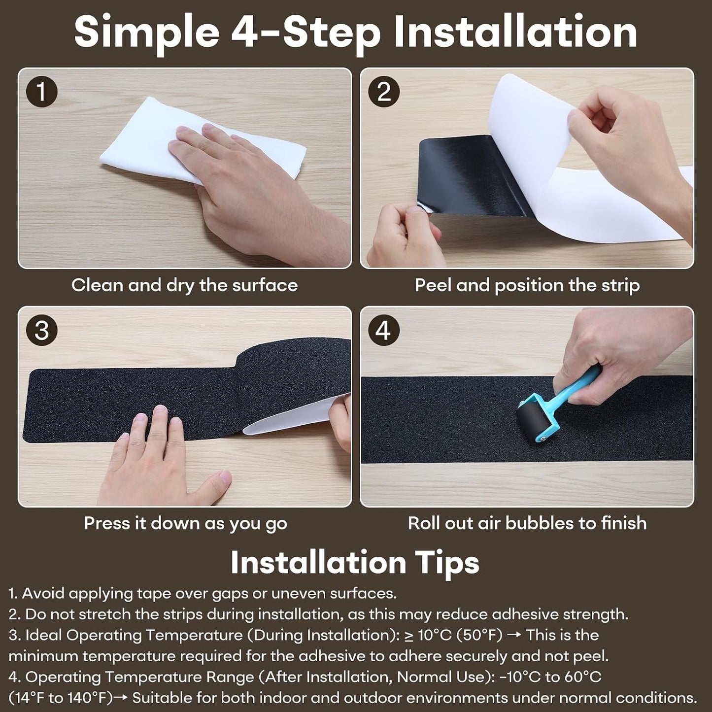 10 Pack 6” x 30” Anti Slip Traction Treads with Glow in The Dark Stripe, Outdoor Waterproof Non Skid Pre-Cut Tape with Roller, High Traction Friction Abrasive Adhesive for Stairs Step