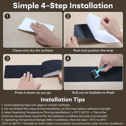 10 Pack 6” x 30” Anti Slip Traction Treads with Glow in The Dark Stripe, Outdoor Waterproof Non Skid Pre-Cut Tape with Roller, High Traction Friction Abrasive Adhesive for Stairs Step