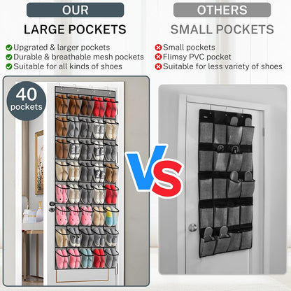 40 Large Mesh Pocket Over the Door Shoe Organizer,Hanging Shoe Rack for Door,Hualleko Shoes Organizer Hanger with Large Capacity, Shoes Storage Holder Sturdy Non-woven Fabric - Stores 20 Pairs (White)