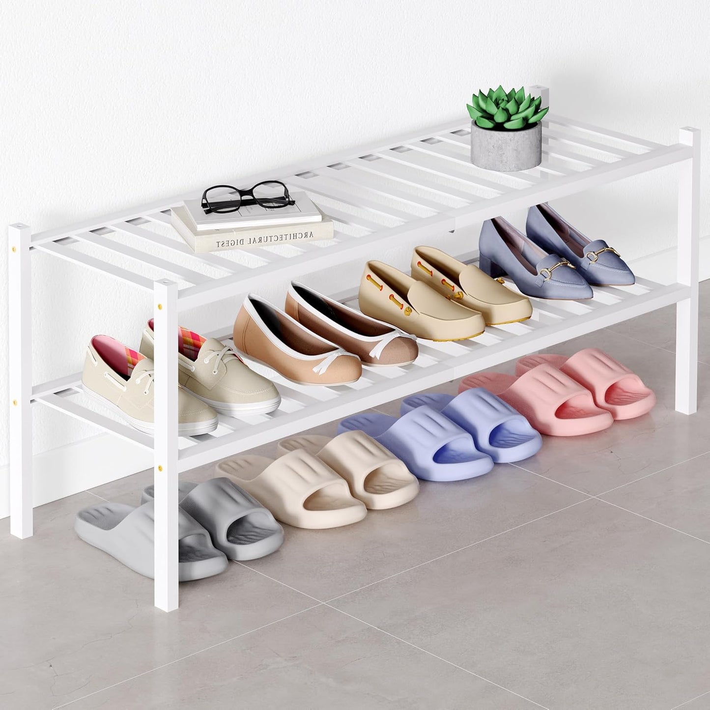 Smiry Bamboo Shoe Rack for Closet, 3 Tier Wooden Shoe Organizer, Stackable Wood Shoe Storage Shelf for Entryway, 14 Vertical Slats, One-piece Heavy-Duty Legs, 26.77"x11.02"x18.31", Natural