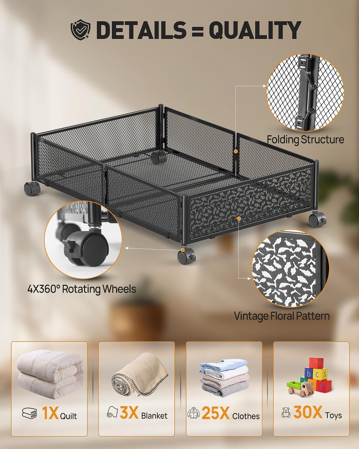 Under Bed Storage With Wheels, 2 Pack Foldable Pattern Carved Metal Under Bed Storage Containers, 60L Rolling Underbed Storage, Easy Assembly Under The Bed Storage for Shoes, Clothes, Blankets...