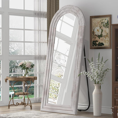 ZHUNFA Arched Full Length Mirror with Solid Wood Frame | 65x22 Farmhouse Wall Mirror Full Length with Stand, Vertical Hanging, Leaning Standing for Bedroom,Living Room, Rustic White