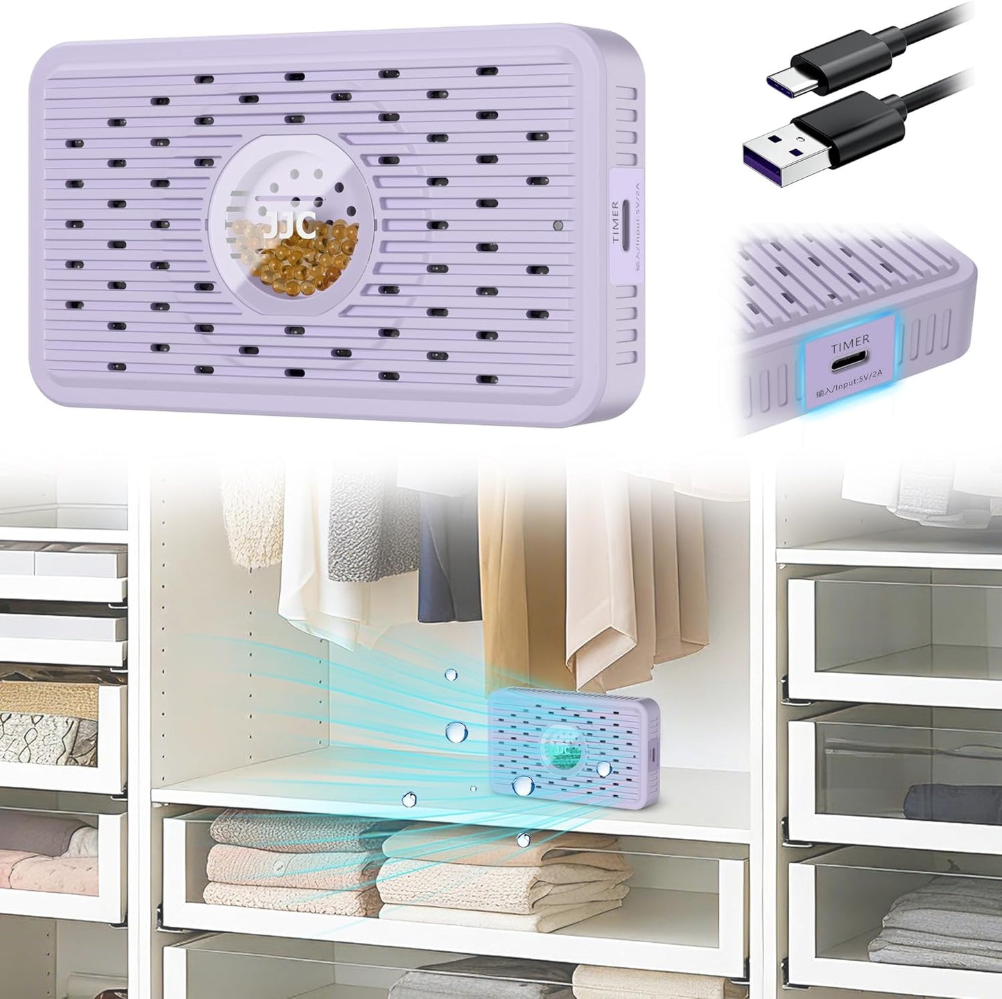 Auto Power-off Cordless Rechargeable Mini Dehumidifier Desiccant,Electric Moisture Absorption Silica Gel Packet for Storage Totes Jewelry Display Cabinet Guitar Case Drawer Photo Album Document-Purple