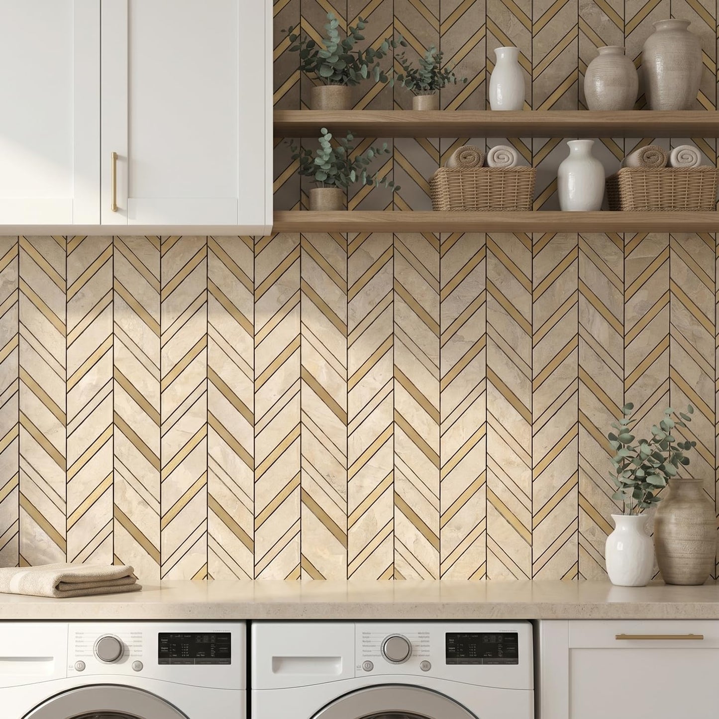 Yipscazo 10-Sheet Herringbone Backsplash Peel and Stick Tile, Polished White PVC Stick on Backsplash for Kitchen, Waterproof Self Adhesive Wall Tile for Bathroom