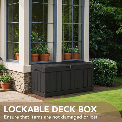 Devoko 100 Gallon Waterproof Large Resin Deck Box Indoor Outdoor Lockable Storage Container for Patio Furniture Cushions Garden Tools (100 Gallon, Black)
