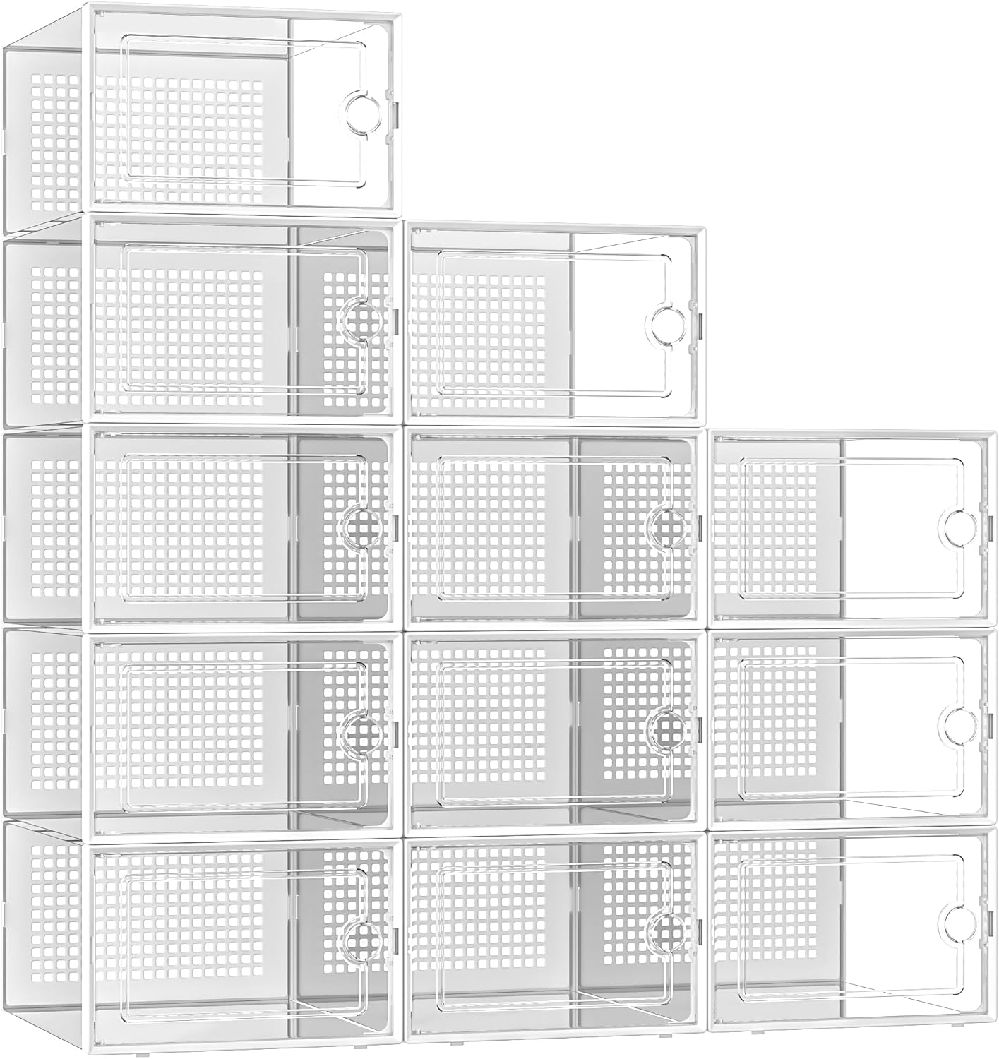 Kuject X-Large Shoe Storage Boxes Organizers for Closet 12 Pack, Fit Size 11,Clear Plastic Stackable Sneaker Containers for Entryway, Space Saving Shoe Rack, Brown