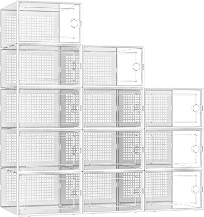 Kuject X-Large Shoe Storage Boxes Organizers for Closet 12 Pack, Fit Size 11,Clear Plastic Stackable Sneaker Containers for Entryway, Space Saving Shoe Rack, Brown