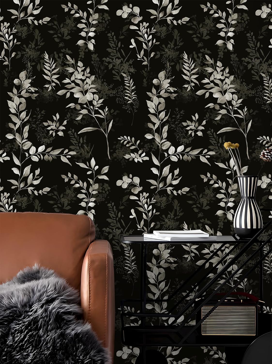 Floralplus Peel and Stick Wallpaper Boho Leaf Removable Wallpaper for Bathroom Renter Leaf Contact Paper for Locker Shelf Liner Vinyl Adhesive Wallpapers Wall Mural Decor 17.5 in x 118 in