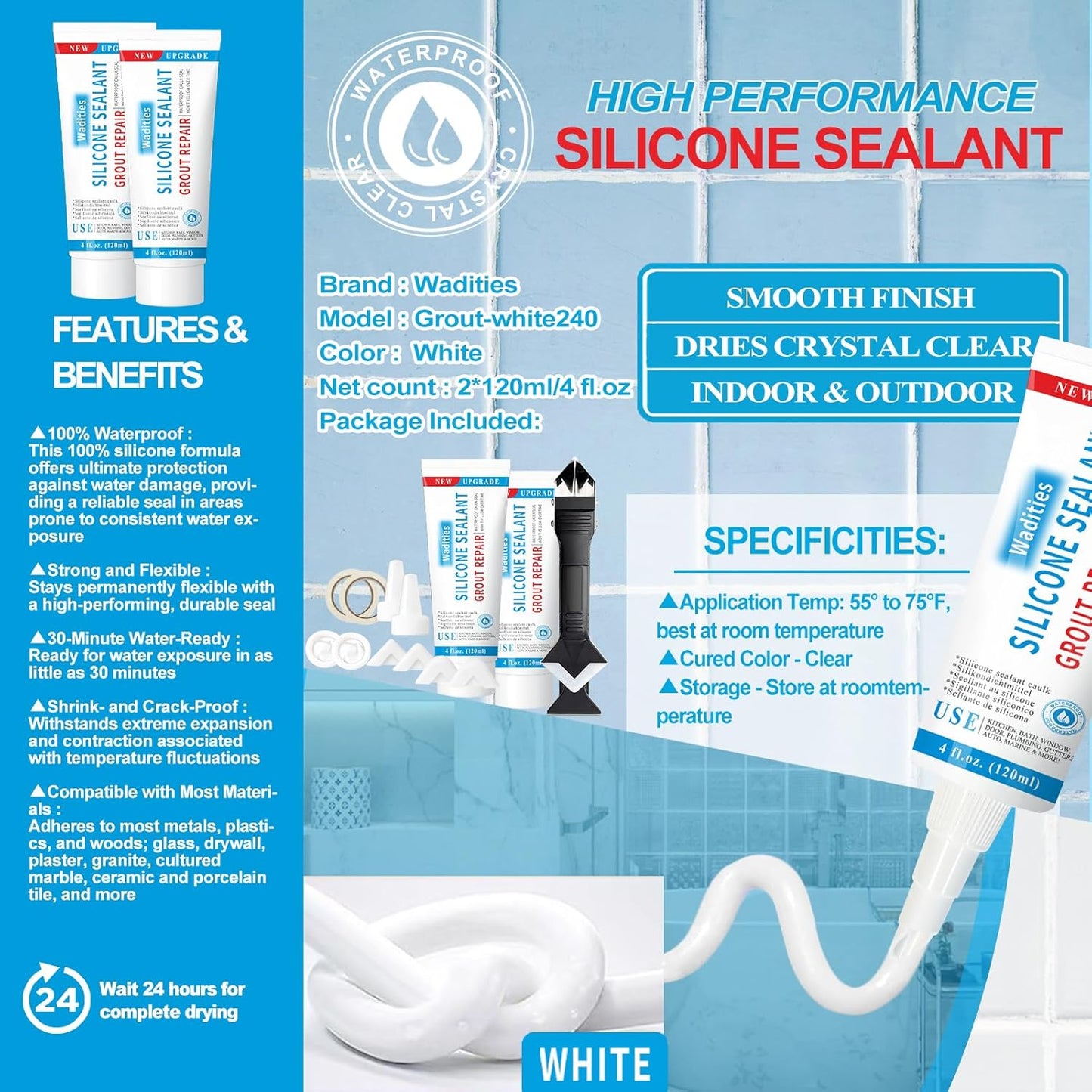 8Oz White Waterproof Caulk & Seal Silicone Sealant, Wadities Tile Grout Repair Kit with Grout Remove Scraper, Shrink & Crack Proof for Bathroom, Shower, Kitchen, Floor (4Oz, Pack of 2)