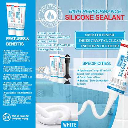 8Oz White Waterproof Caulk & Seal Silicone Sealant, Wadities Tile Grout Repair Kit with Grout Remove Scraper, Shrink & Crack Proof for Bathroom, Shower, Kitchen, Floor (4Oz, Pack of 2)