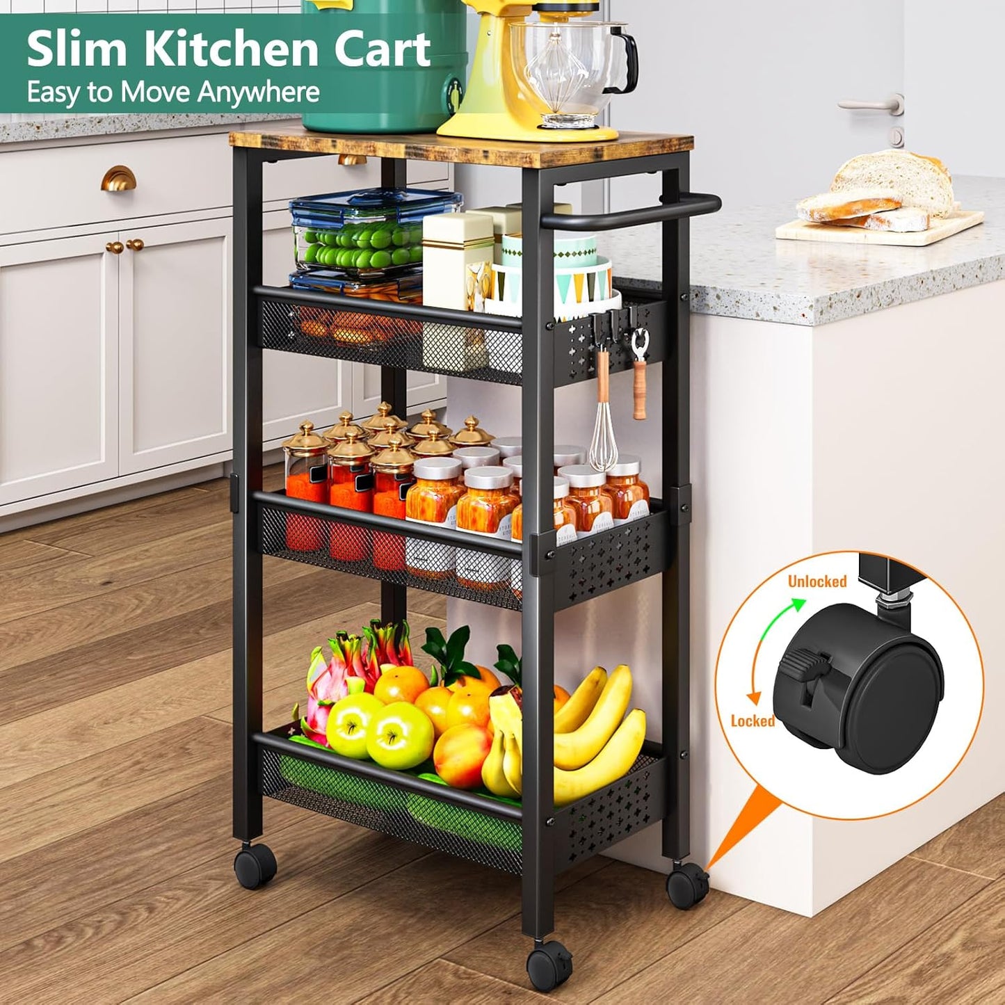 Vivihomety Utility Slim Storage Cart with Wheels, 4 Tier Small Rolling Cart with Wood Top, Metal Kitchen Bathroom Laundry Room Organization Trolley with Handle for Narrow Space – Black