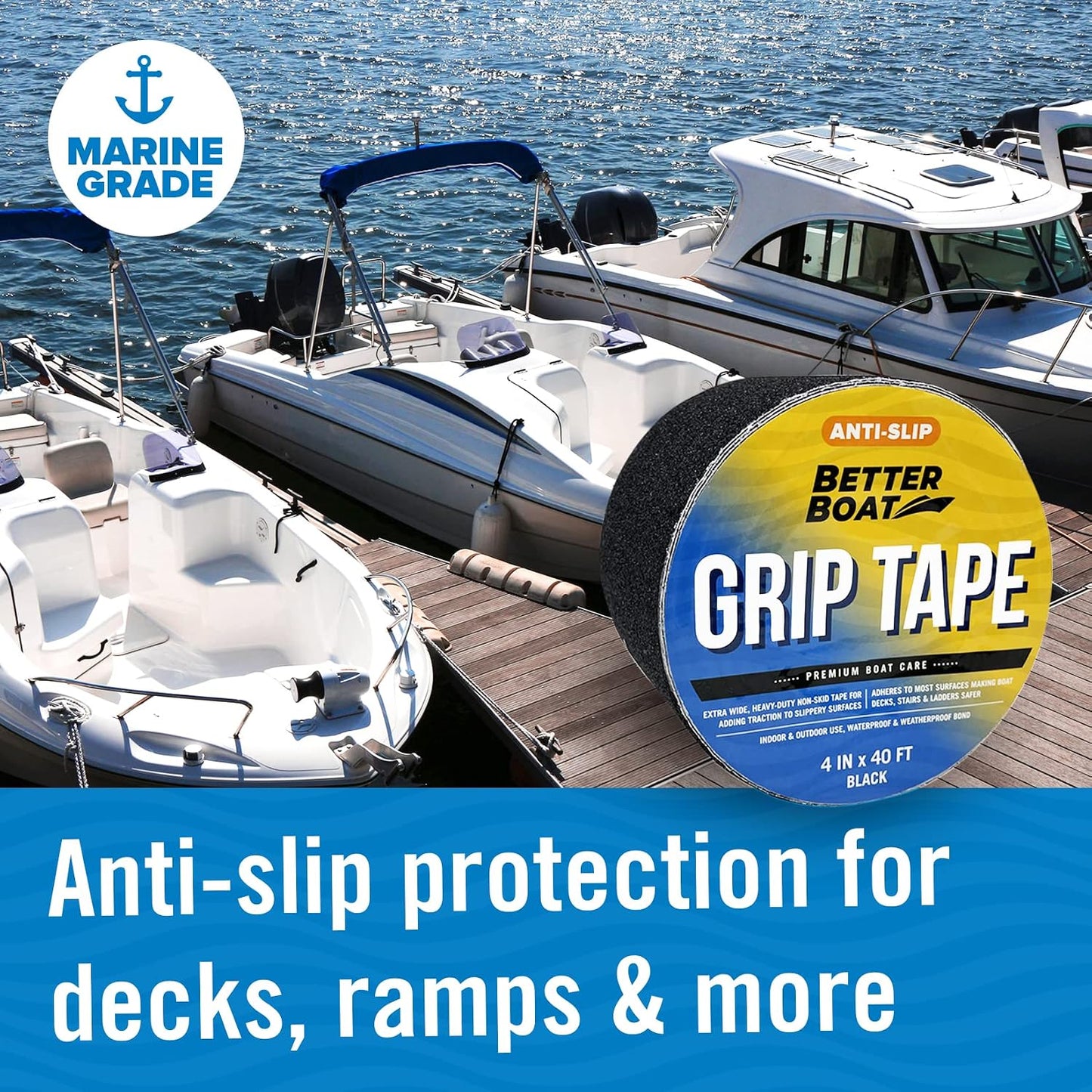 Better Boat Anti Slip Tape for Outdoor Stair Treads, Non-Skid Grip for Stairs and Steps, 4" x 40ft Roll, Clear Waterproof Traction, Weather-Resistant Friction Floor Tread for Dogs and Steps