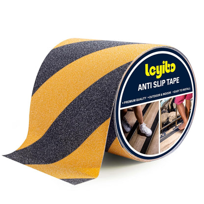 Anti Slip Tape, 4 Inch x 42 Ft Grip Tape for Stairs Outdoor/Indoor, Waterproof Non Skid Roll for Stair Treads Non Slip, High Traction Friction Abrasive Adhesive Stair Steps, Caution Yellow/Black