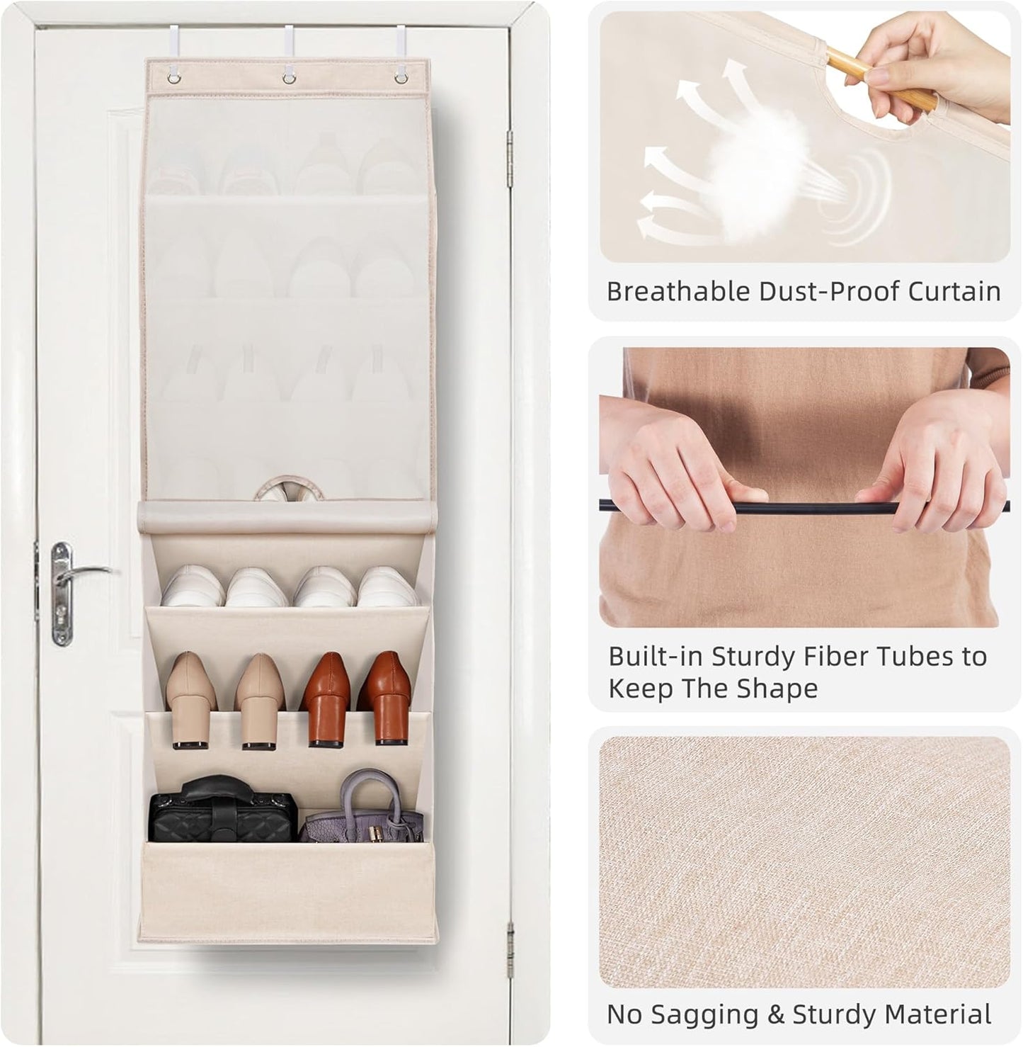 STORAGE MANIAC Over the Door Shoe Organizer with Curtain Dustproof Heavy-Duty Large Deep Pocket Hanging Shoe Organizer for Closet Dorm & Narrow Door Storage Shoe Holder Shoe Rack, 9-Shelf Beige 1 Pack