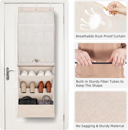 STORAGE MANIAC Over the Door Shoe Organizer with Curtain Dustproof Heavy-Duty Large Deep Pocket Hanging Shoe Organizer for Closet Dorm & Narrow Door Storage Shoe Holder Shoe Rack, 9-Shelf Beige 1 Pack