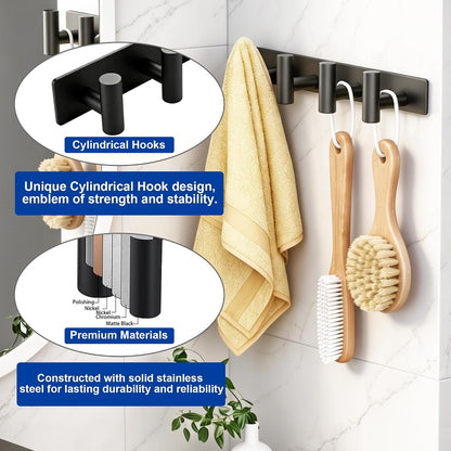 Matte Black Coat Rack Wall Mount - 6 Hooks, Heavy Duty Stainless Steel Wall Hooks for Towels, Coats, Robes, Bags, Hats, Keys, Wall Coat Hanger for Bathroom, Entryway, Kitchen, Hotel, Bedroom, Office