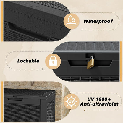 Fancyango 75 Gallon Outdoor Deck Box Waterproof, Large Storage Box for Patio, Resin Storage Bench Lockable for Garden Tools, Package Delivery, Black