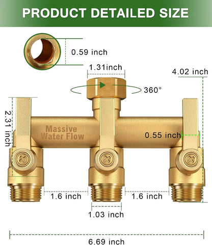 Hose Splitter 2 Way Heavy Duty, Solid Brass Full Flow Outdoor Faucet and Garden Hose Splitters, Water Spigot Splitter T Adapter, All Metal Water Connector with Shut-Off Valve, 3/4 - Inch GHT Thread