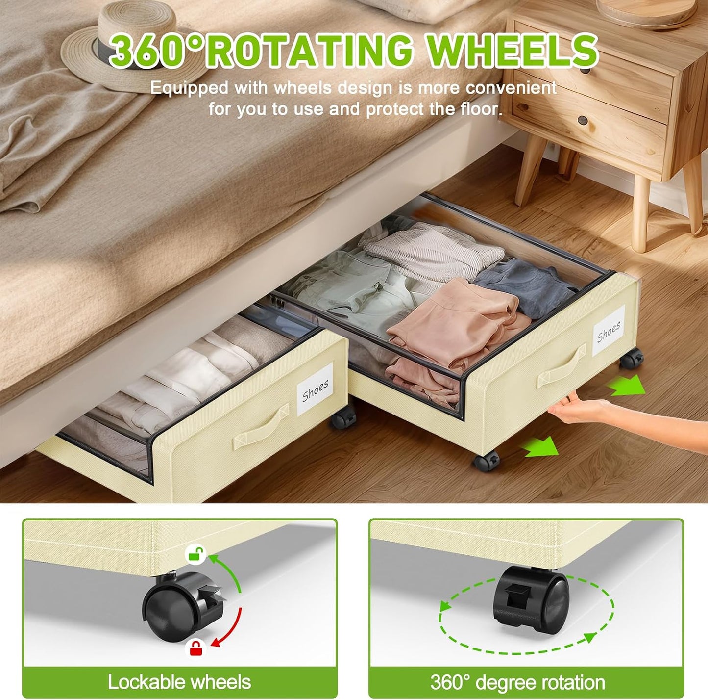 Molutsody Under Bed Storage with Wheels, 2-Pack Underbed Storage Containers with Clear Lids, Under Bed Shoe Storage Organizer, Rolling Under the Bed Storage Bins for Clothes Shoes Blankets (Black)