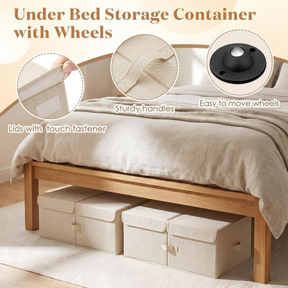 Geelin 4 Pack Under Bed Storage with Wheels, 10 Inch Height 65L Large Capacity Foldable Underbed Storage Bins with Lids & Handles, Easy Assembly Rolling Under Bed Containers for Clothes Blankets Shoes