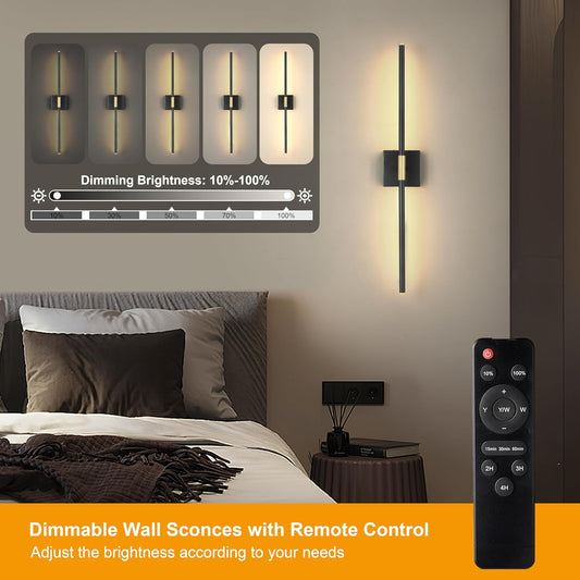 Morauroral Battery Operated Wall Sconces Set of 2, 10000mAh Rechargeable Sconces, 3000K-6000K Dimmable LED Wall Lamp with Remote, 24 Inch Black Gold Wireless Wall Lights for Bedroom, Living Room