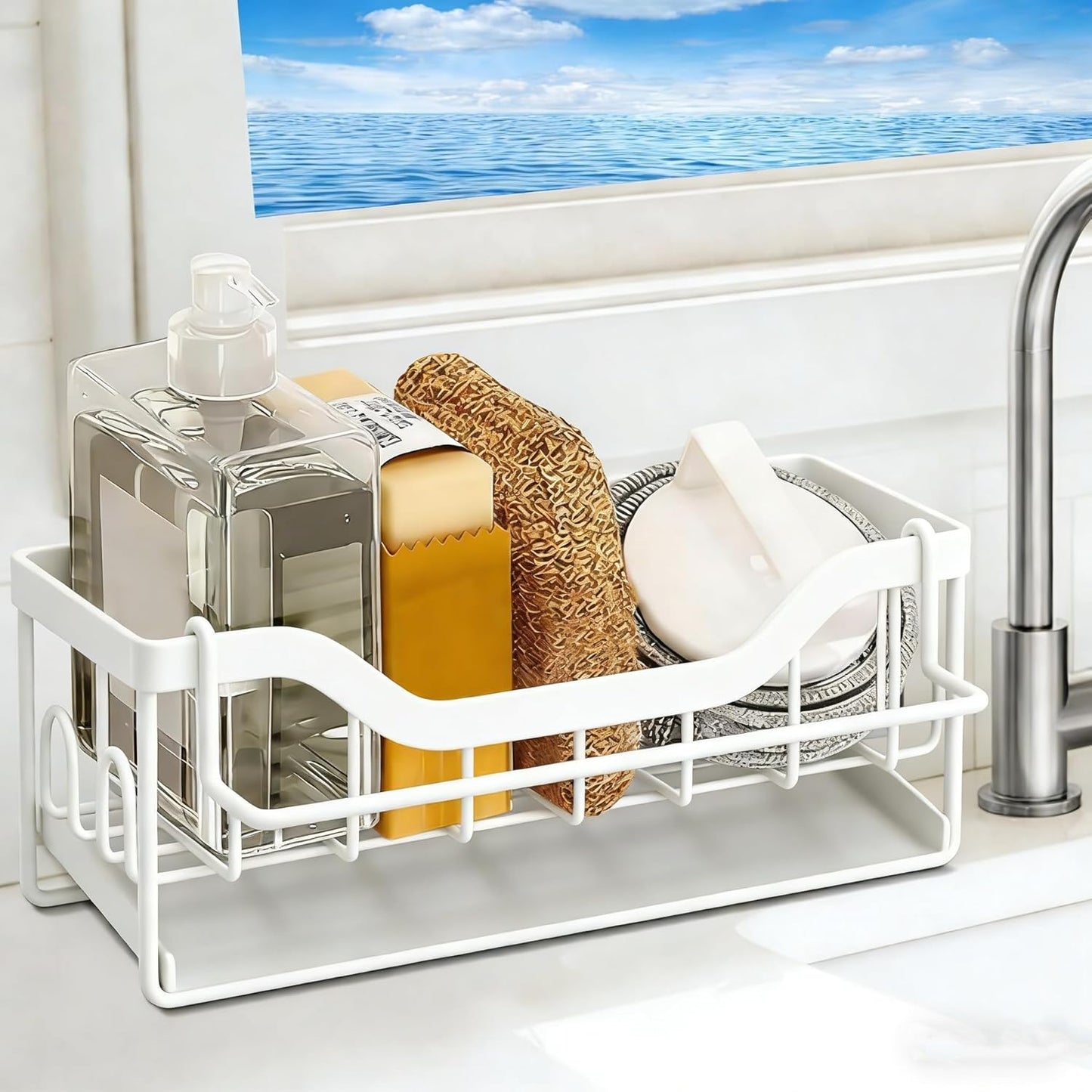 Sponge Holder for Kitchen Sink - Sink Caddy Organizer with Auto Drain Tray, Detachable Towel Rack, Stainless Steel Kitchen Counter Organizer Rack, Black